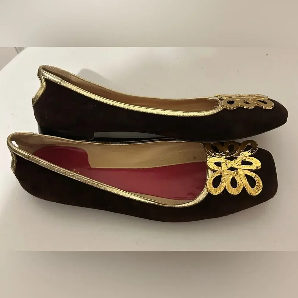Kate Spade New York Loopy Buckle brown suede gold square toe flats Italy. 7.5